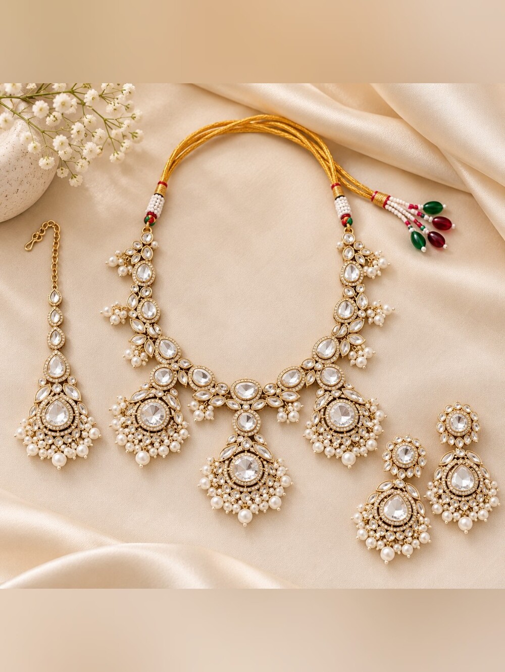 White Kundan Statement Jewelry Set with Earrings & Maang Tikka for Events